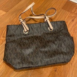 used michael kors brown monogrammed tote bag